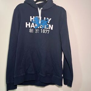 Helly Hansen Navy Pullover Hoodie with White Logo and Blue Tiger Graphic
